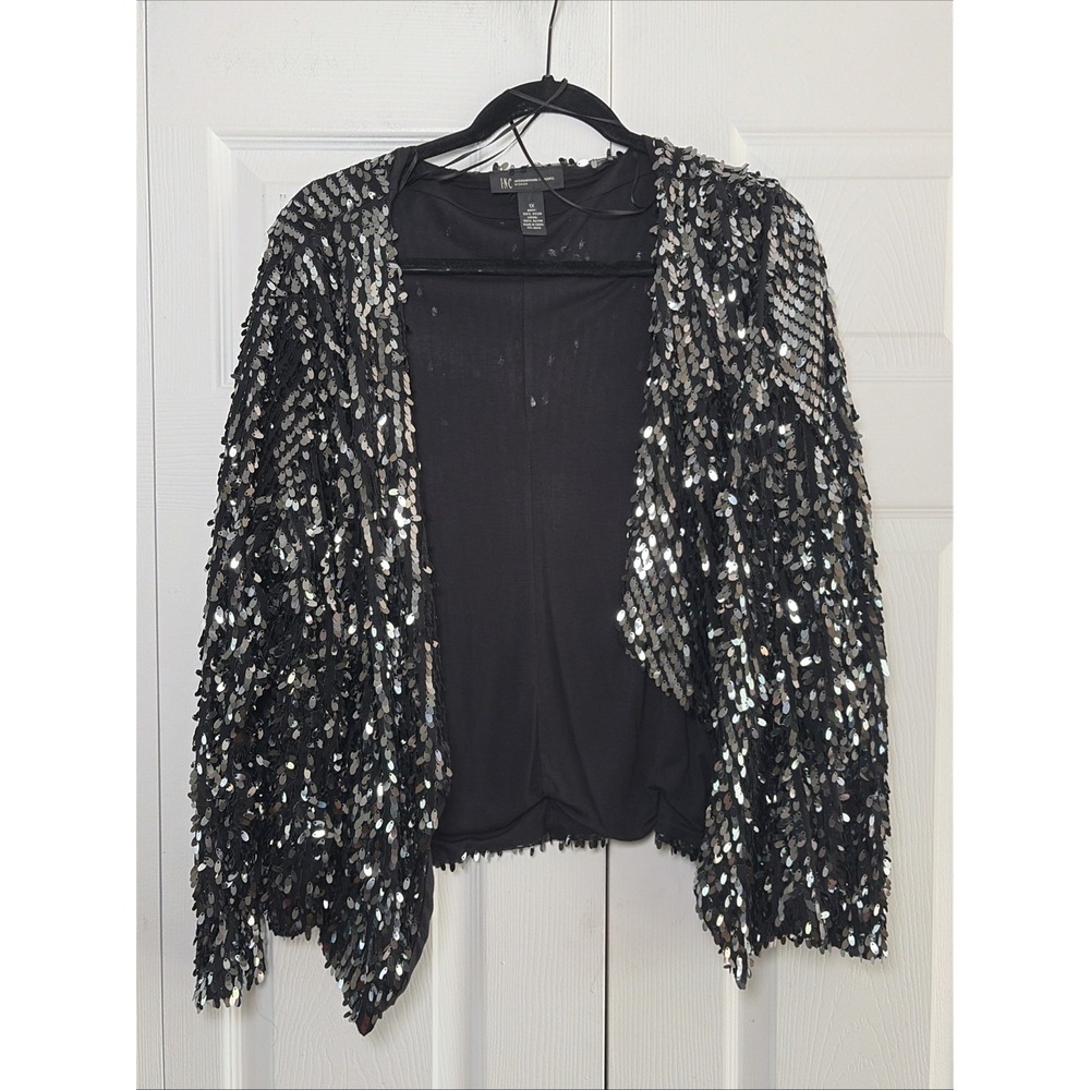 INC International Concepts Sequin Cardigan Womens Size 1X Black Silver NYE Glam